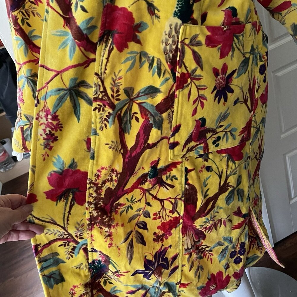 OFMD Yellow Bird Velvet Banyan Fabric Kimono Cotton Velvet Robe Long Jacket - Picture 6 of 14